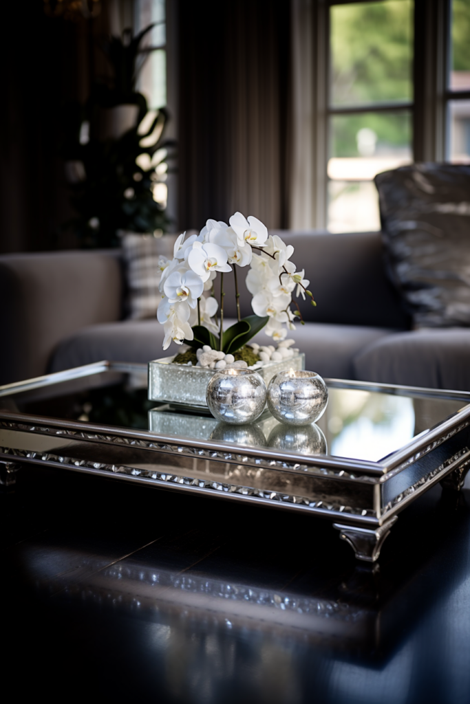 A sleek and modern silver coffee table with flowers on it.