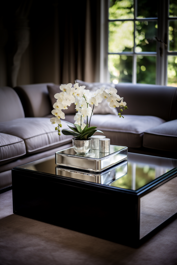 A sleek and chic coffee table with modern flowers.