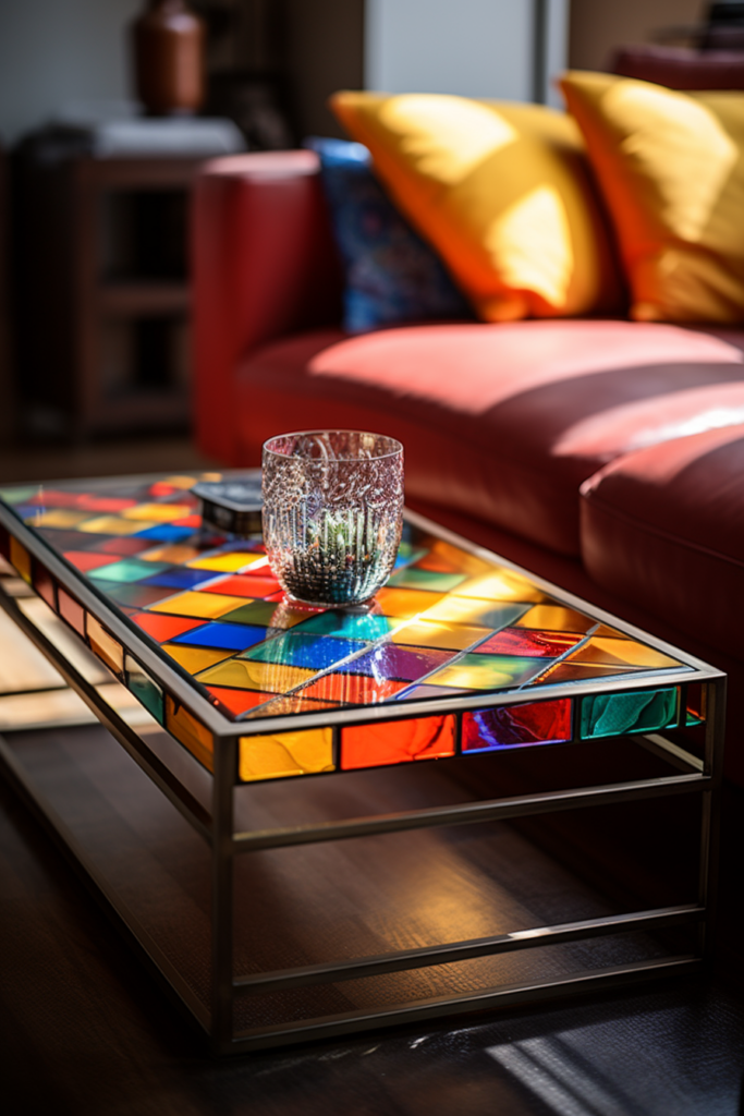 A sleek and chic colorful glass coffee table in a modern living room.