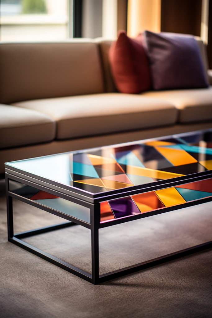 A modern and sleek glass coffee table in a chic living room.