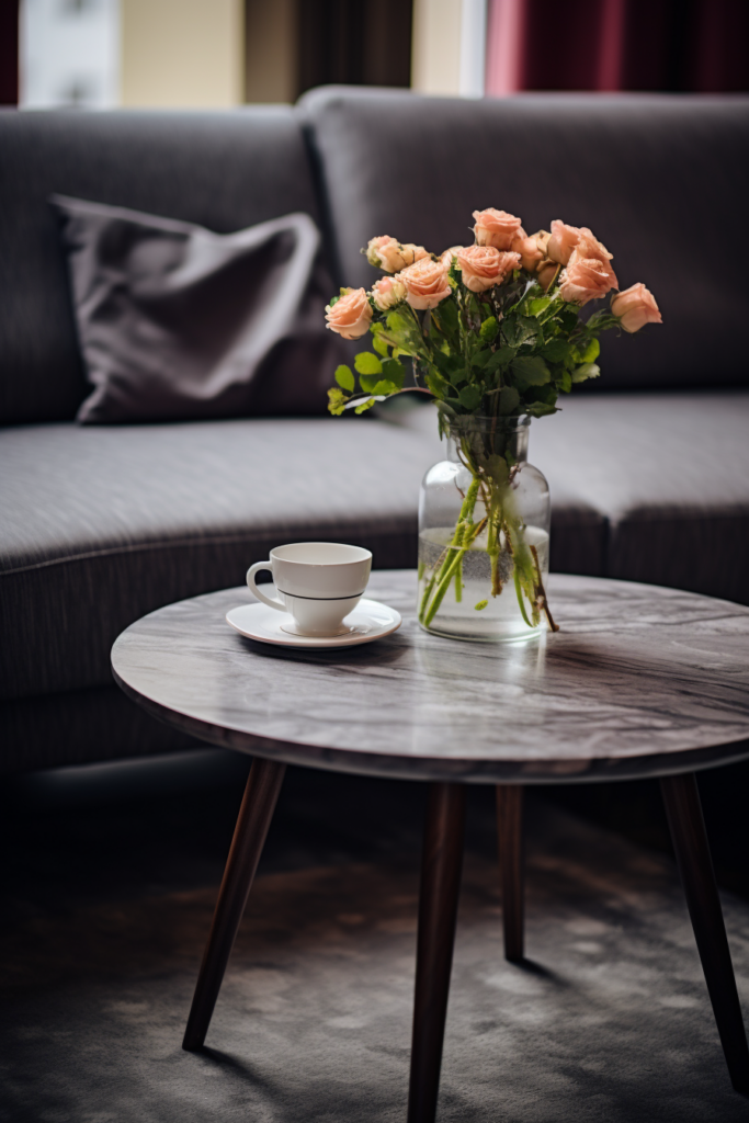 A sleek coffee table with a chic vase of flowers and a cup of coffee.