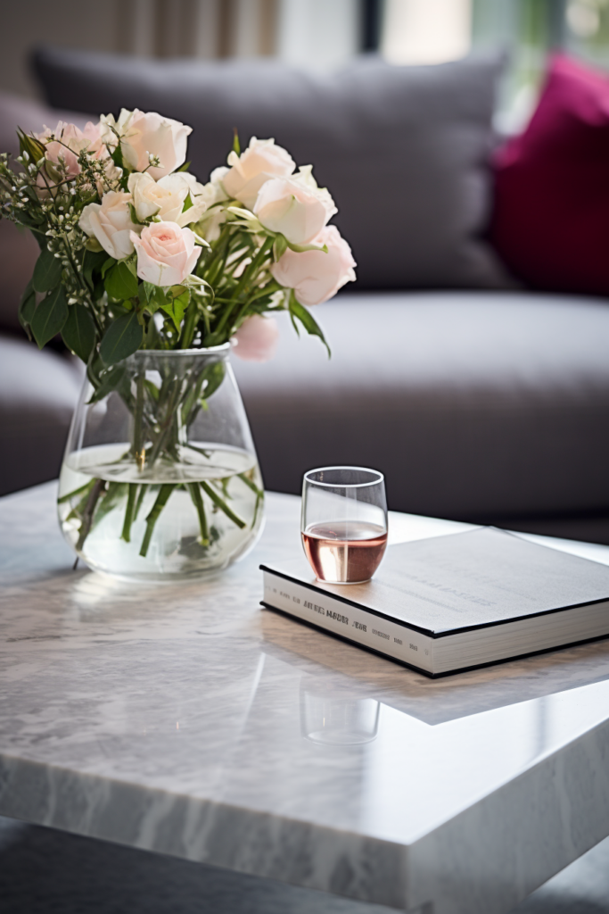 A sleek and minimalist coffee table adorned with a vase of roses and a book.