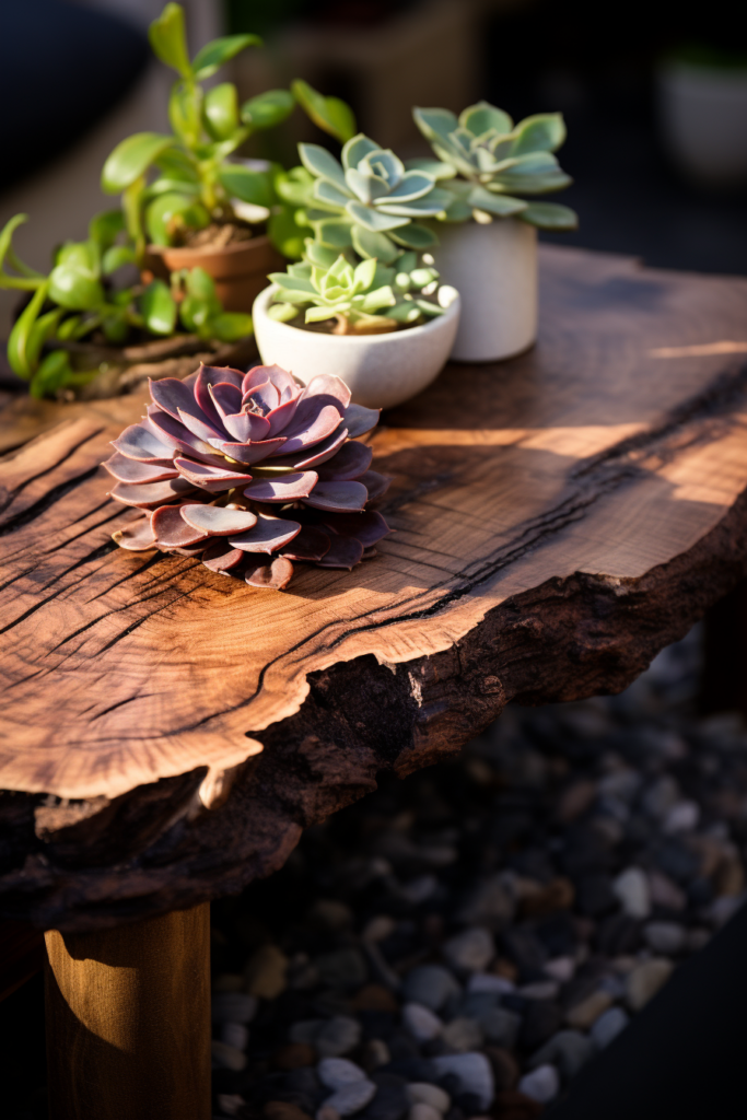 A sleek wooden coffee table adorned with chic succulents.