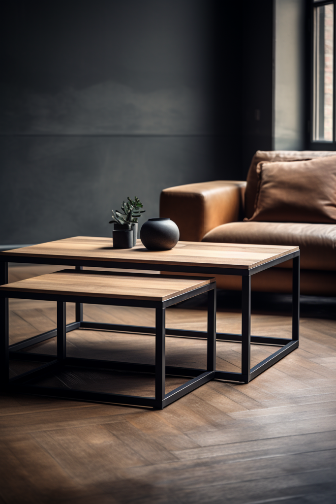 A modern rectangular coffee table in a living room with a leather couch.