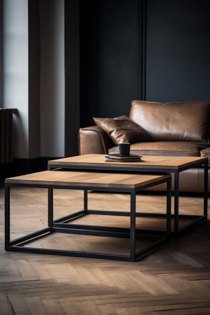 A modern rectangular coffee table in a living room with a leather couch.