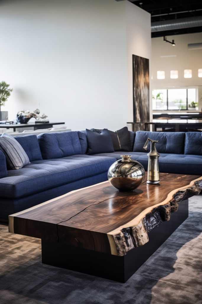 A sleek and modern living room with blue couches and a coffee table.