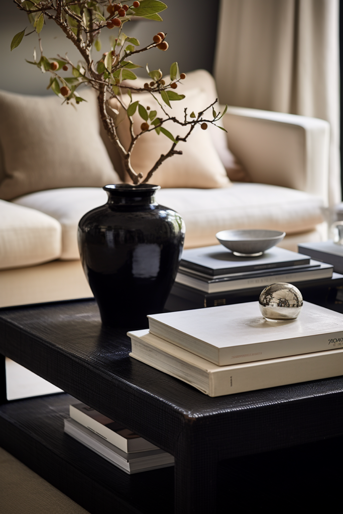 A modern and sleek black coffee table adorned with books and a chic plant.