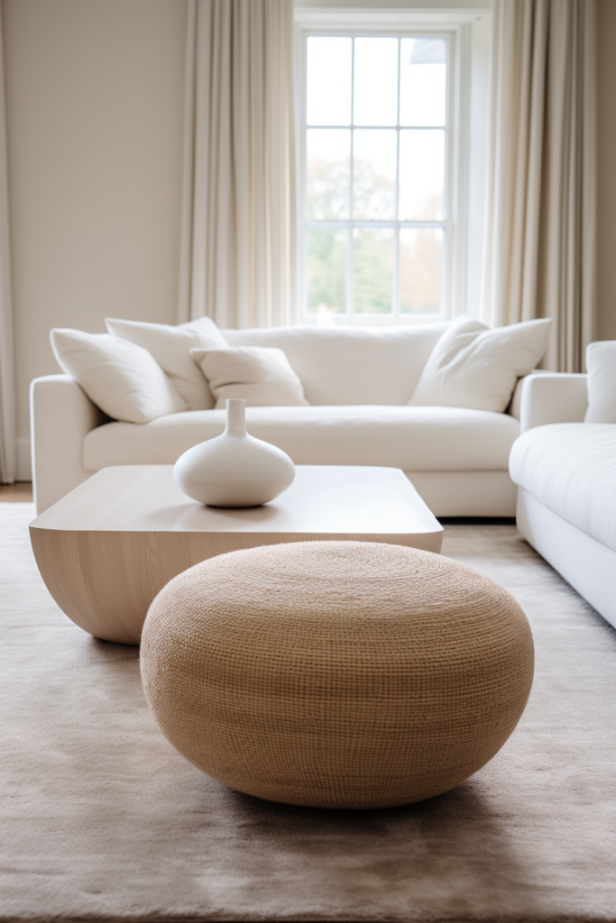 A living room with a white couch and a minimalist white ottoman.