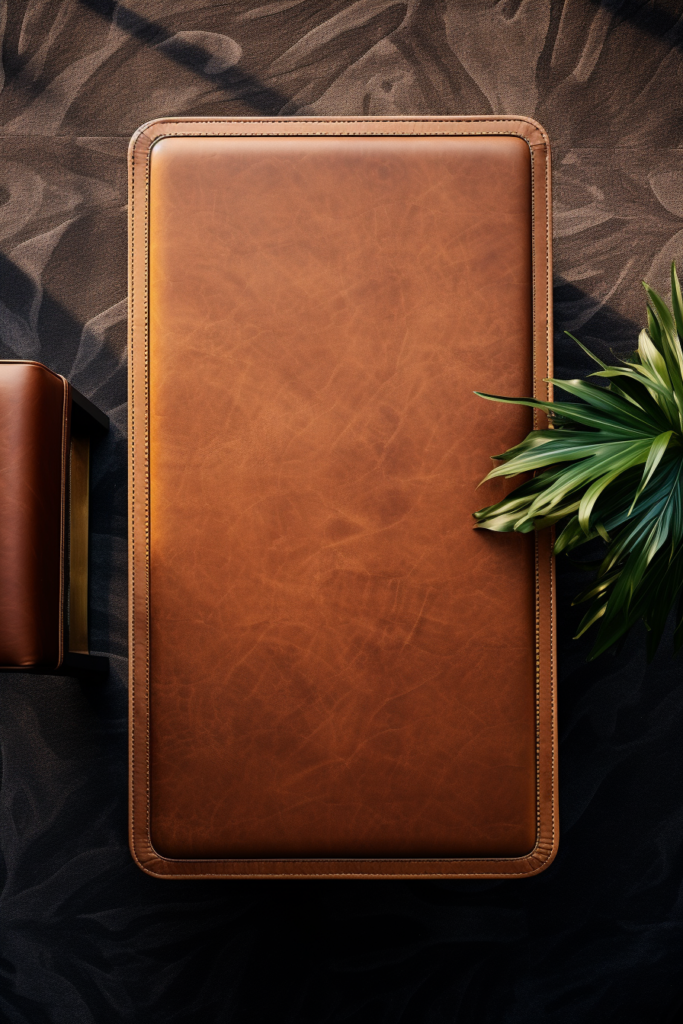 A sleek brown leather notebook and a chic plant on a modern black table.