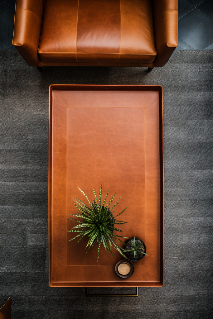         A sleek brown leather coffee table with a modern plant on it.