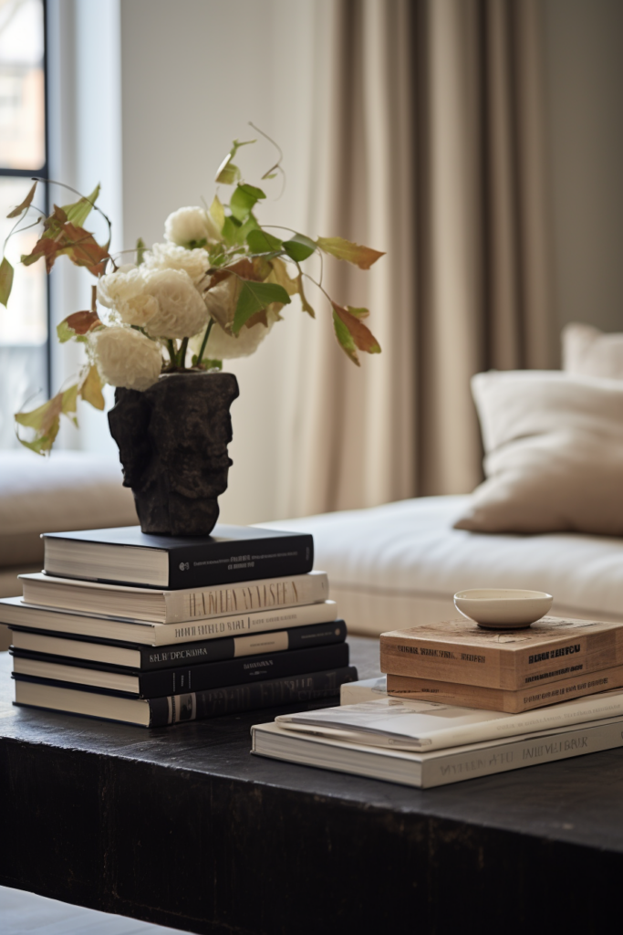 A sleek coffee table with modern books and chic flowers on it.