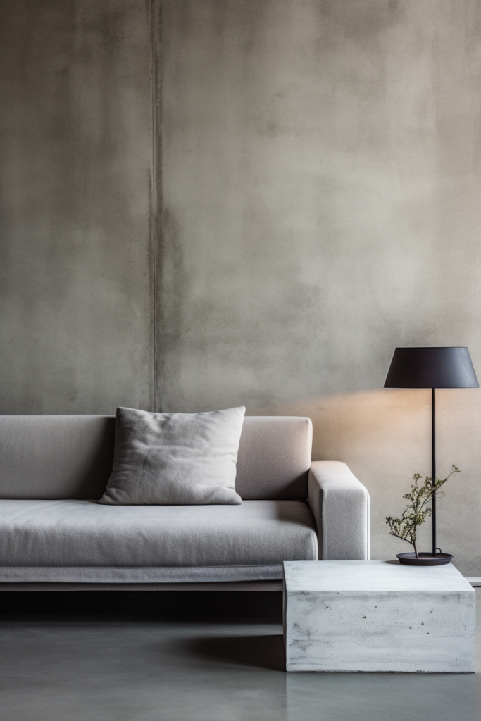 A modern gray couch in front of a sleek concrete wall.