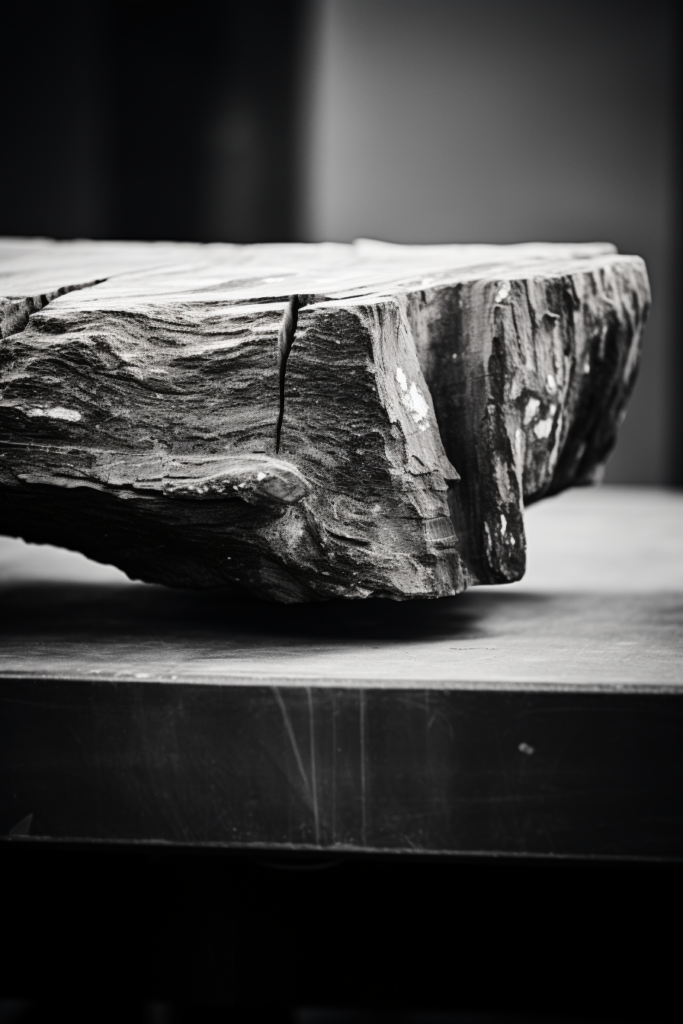 A sleek and modern black and white photo featuring a log on top of a table.