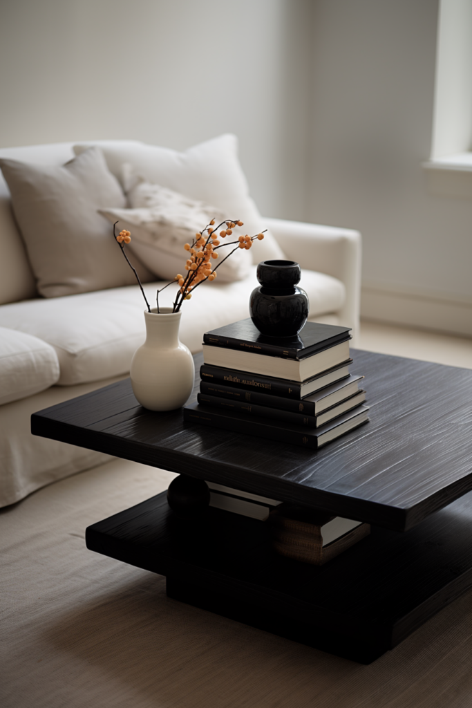A sleek black coffee table in a modern living room.