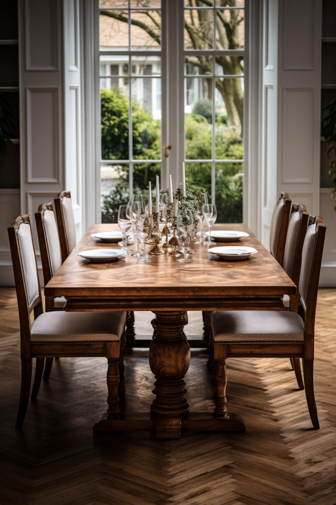 A stylish dining room with a rectangular wooden table and chairs.