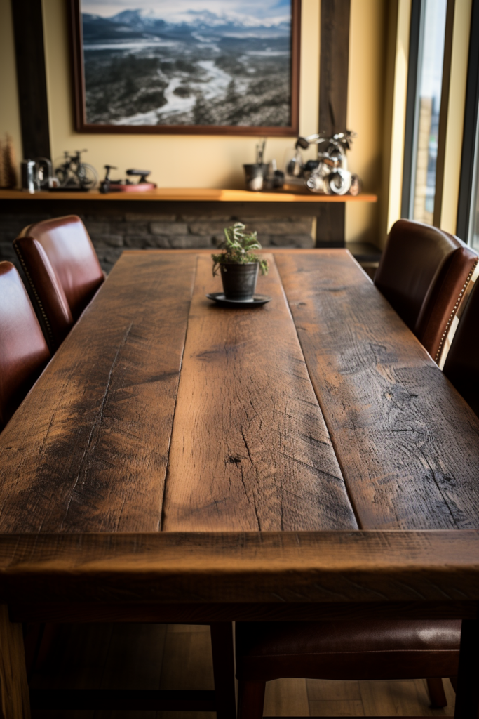 A contemporary wooden dining table in a stylish dining room.