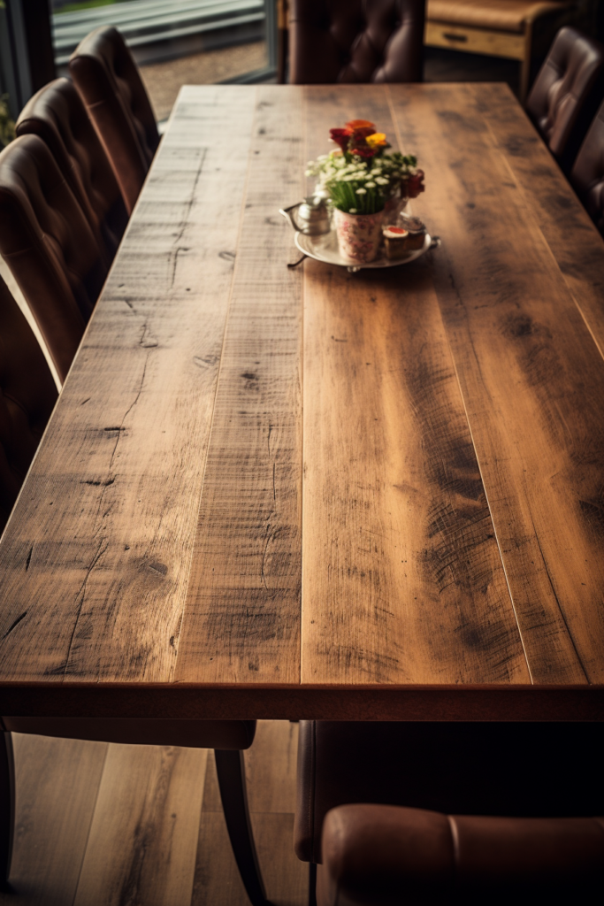 A stylish wooden dining table in a contemporary dining room.