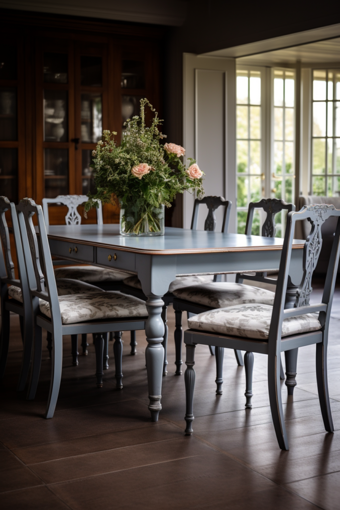 A dining room with a stylish rectangular dining table.