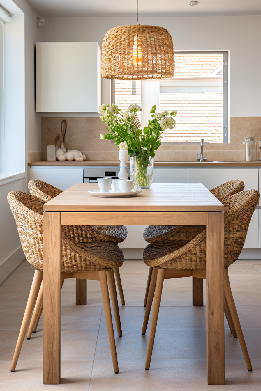 A contemporary kitchen featuring a stylish rectangular dining table and chairs.