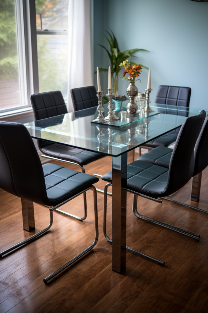 A contemporary dining room with a stylish rectangular glass table and black chairs.