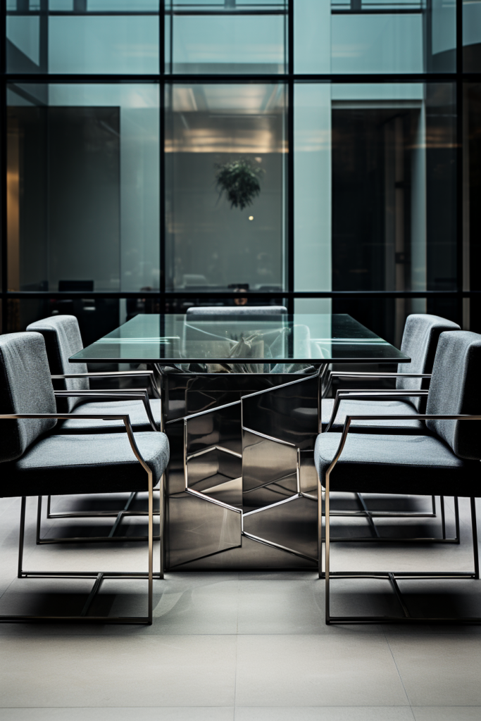A stylish glass table and chairs in a contemporary office.