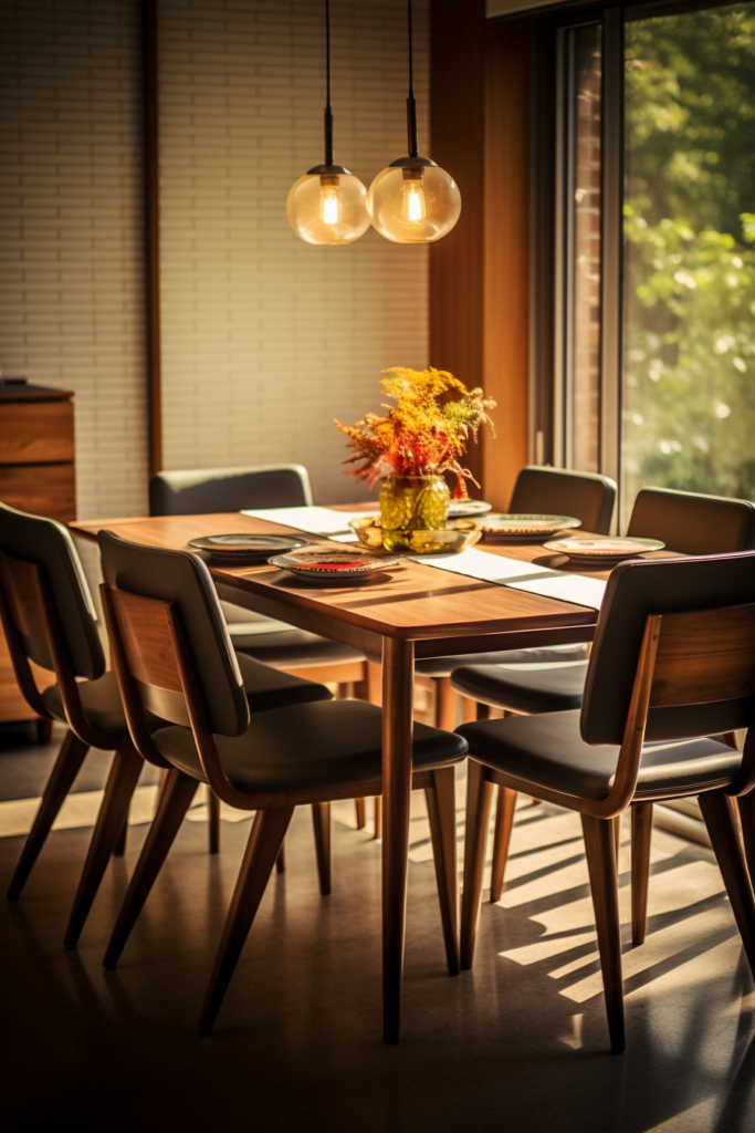 A contemporary dining room with a stylish rectangular table and chairs.