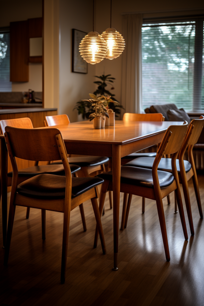 A contemporary dining room with a stylish rectangular dining table and chairs.