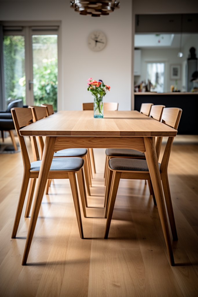 A stylish rectangular dining table with six chairs, perfect for contemporary dining.