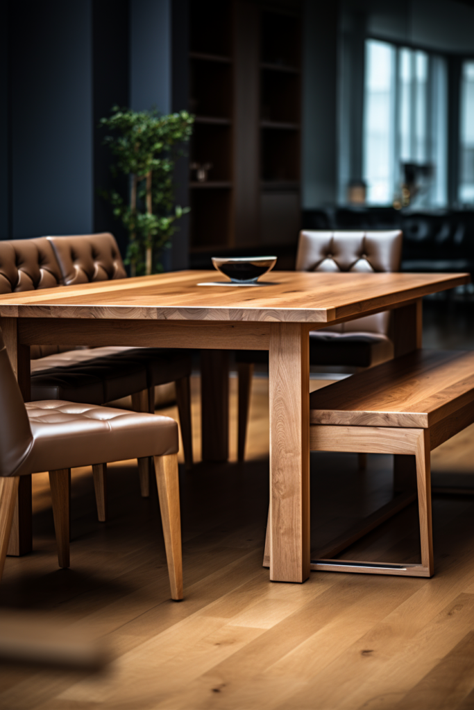 A stylish wooden dining table and chairs in a contemporary room.