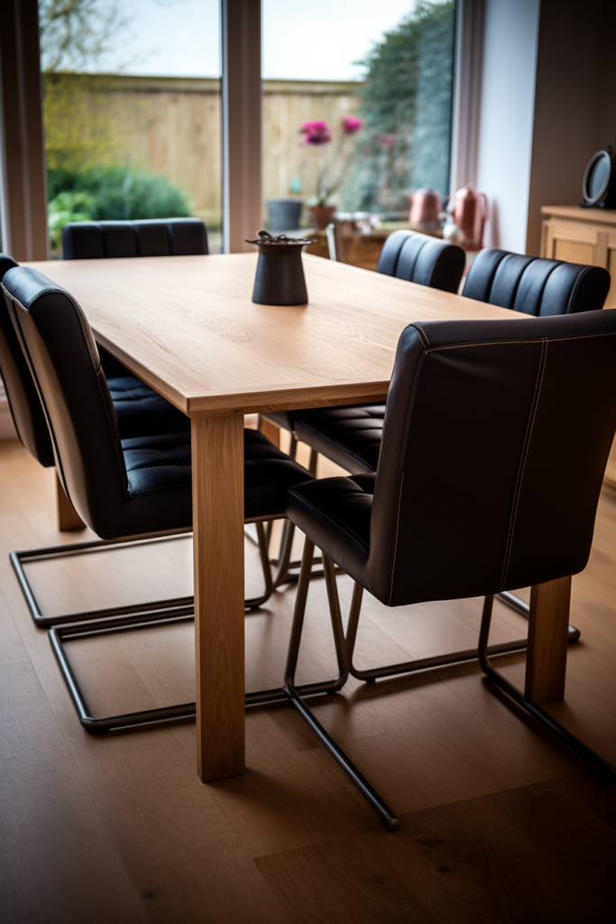 A stylish wooden dining table with contemporary black chairs.