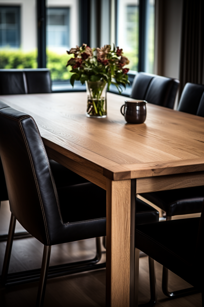 A contemporary dining table with black chairs and a vase.