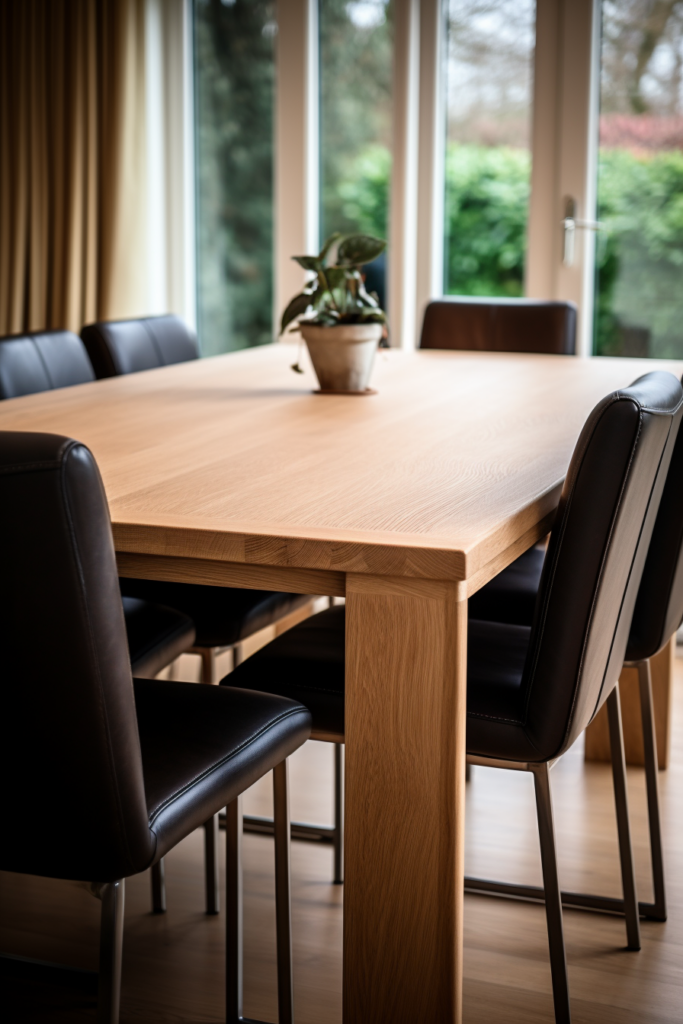A stylish rectangular dining table in a room with black chairs.