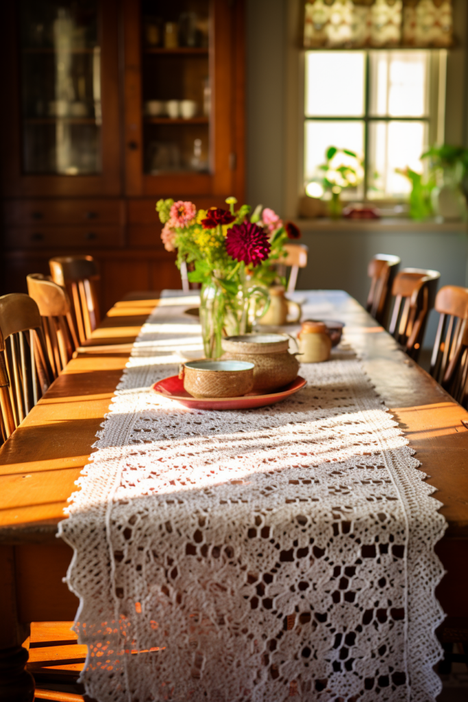A contemporary dining table adorned with a stylish white lace table runner.