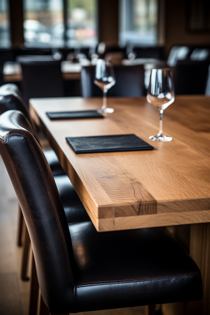 A stylish wooden table in a contemporary restaurant.