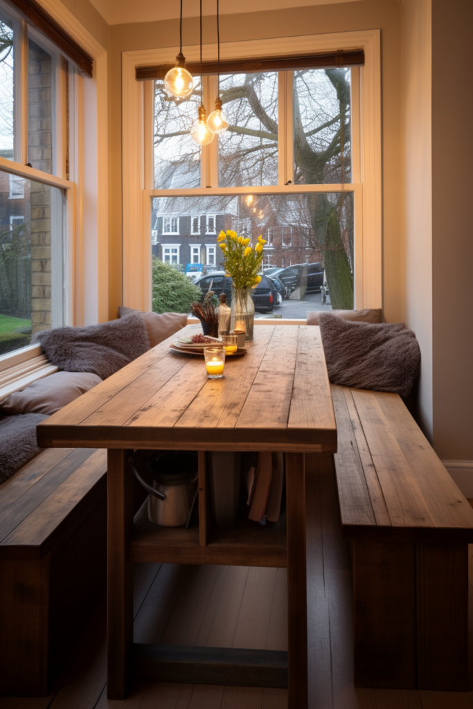 A stylish wooden table in a contemporary dining room.