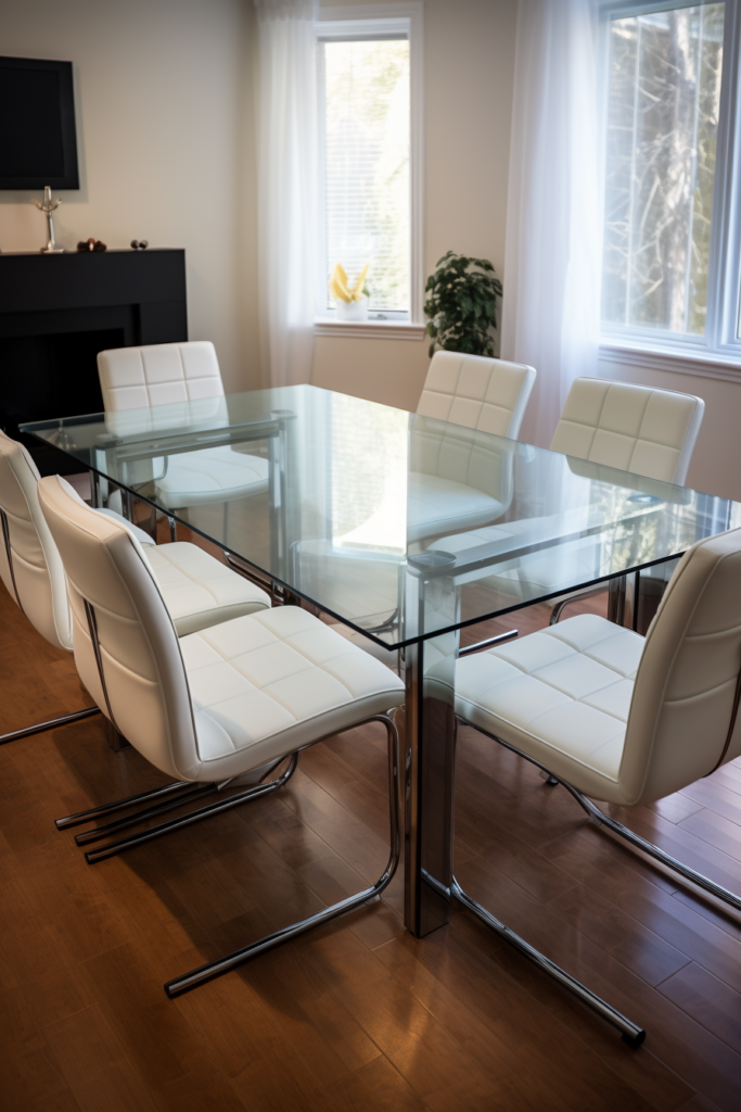A stylish rectangular dining table in a contemporary dining room.