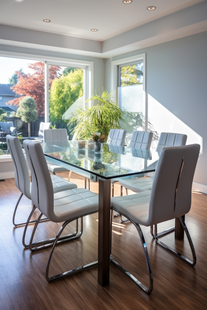 A contemporary dining room featuring a stylish rectangular glass table and chairs.