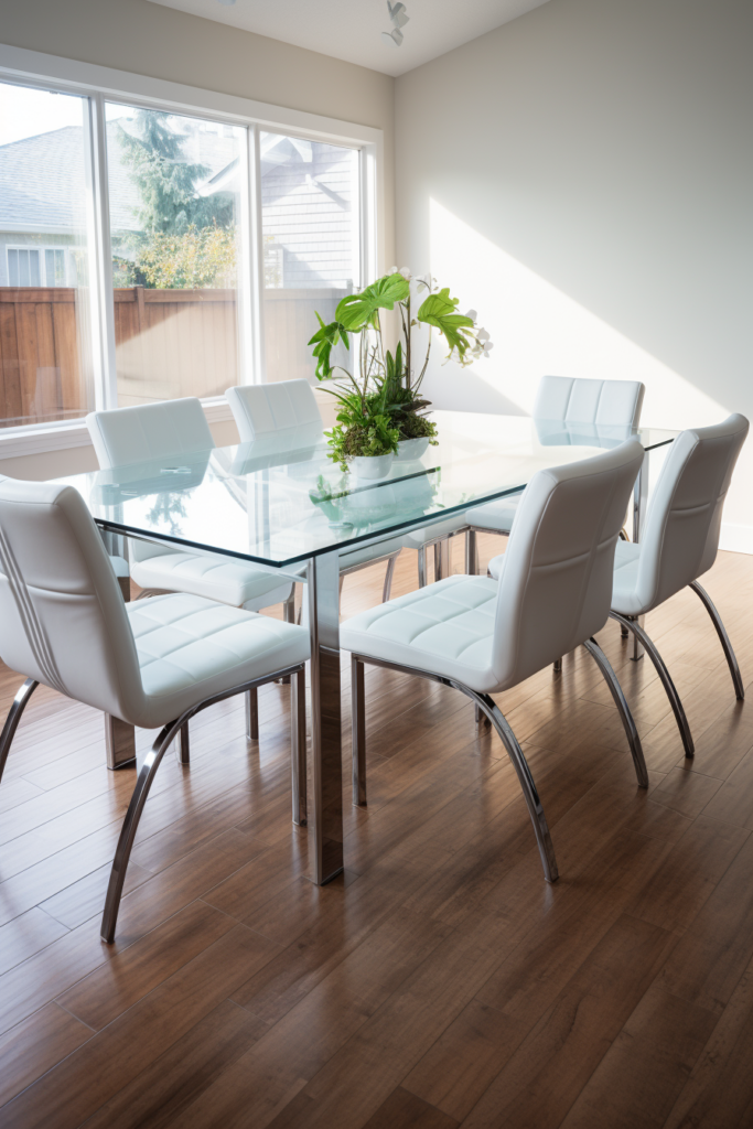 A stylish rectangular dining table in a room with hardwood floors, blending contemporary dining trends.
