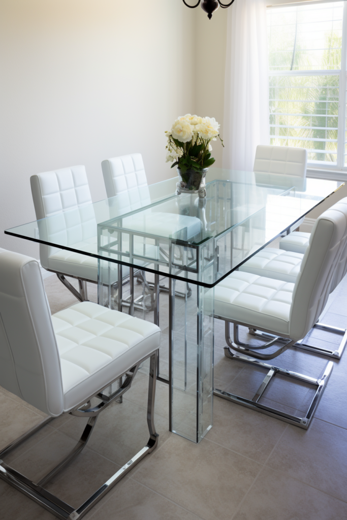A rectangular dining table with white chairs in a contemporary style.