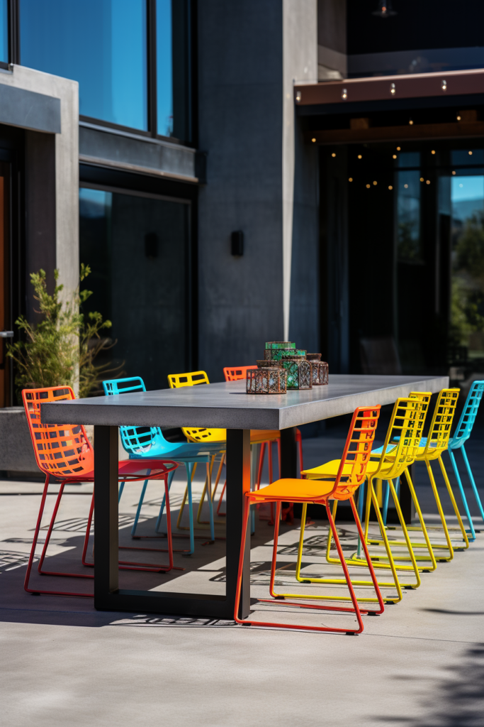A trendy outdoor dining table with stylish colorful chairs and a contemporary rectangular shape.