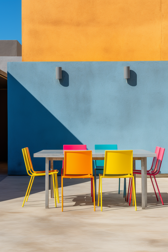 A contemporary dining table with colorful chairs in front of a building.