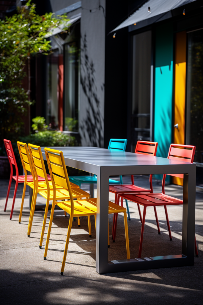 A stylish table with colorful chairs in front of a contemporary dining building.