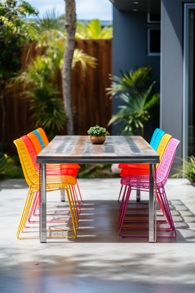 A stylish rectangular dining table and chairs in a colorful backyard setting.