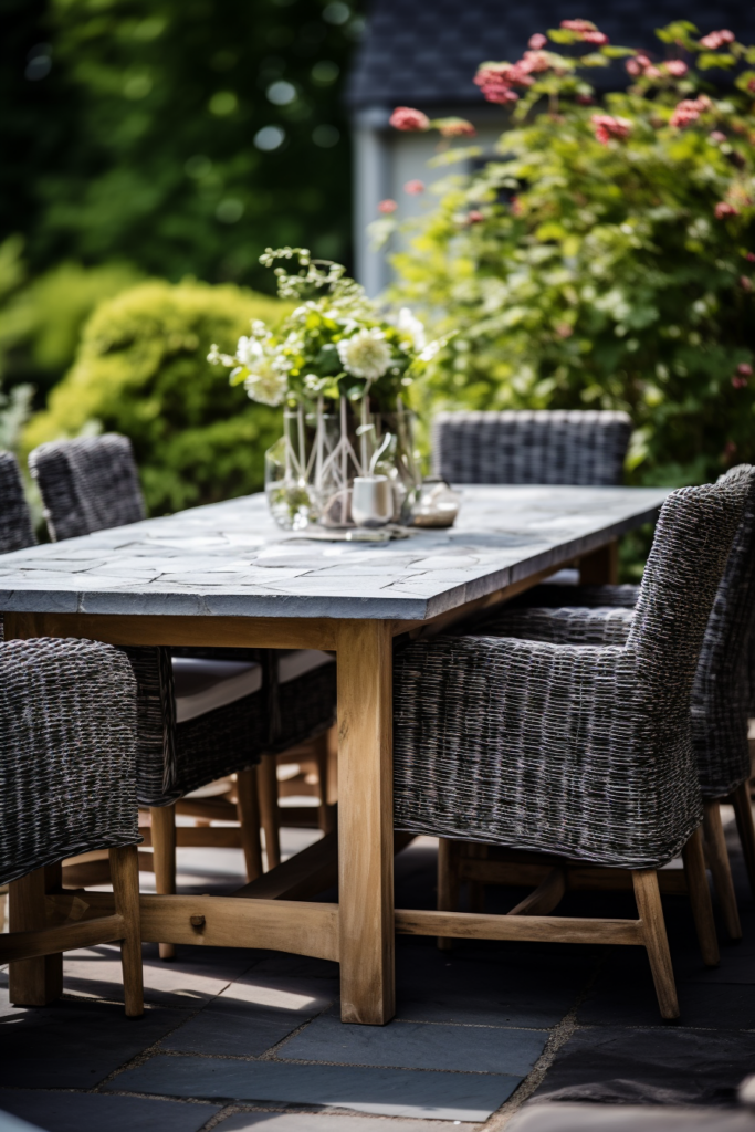 A stylish outdoor dining table with wicker chairs, perfect for contemporary dining.