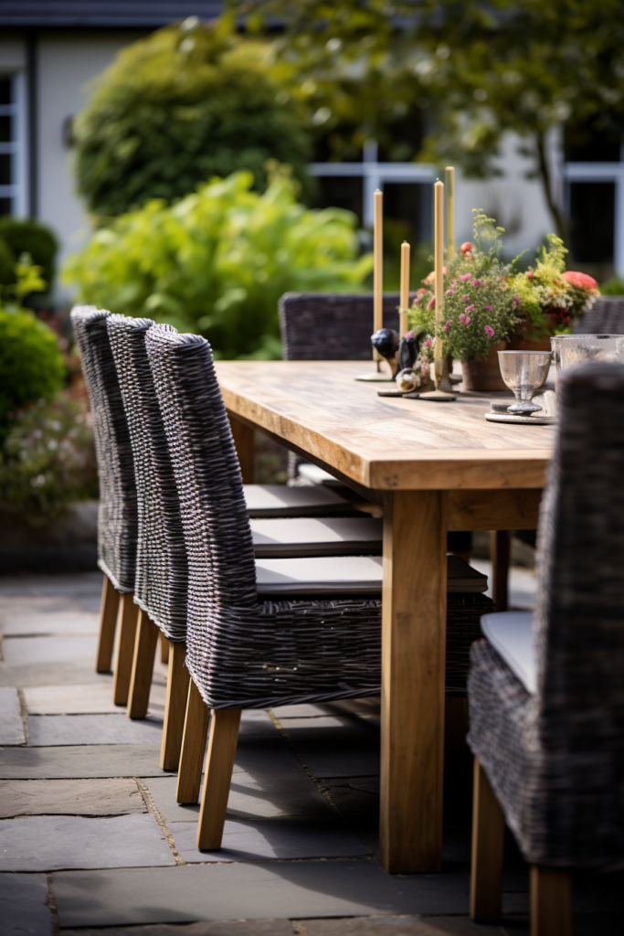A stylish rectangular dining table in a garden.