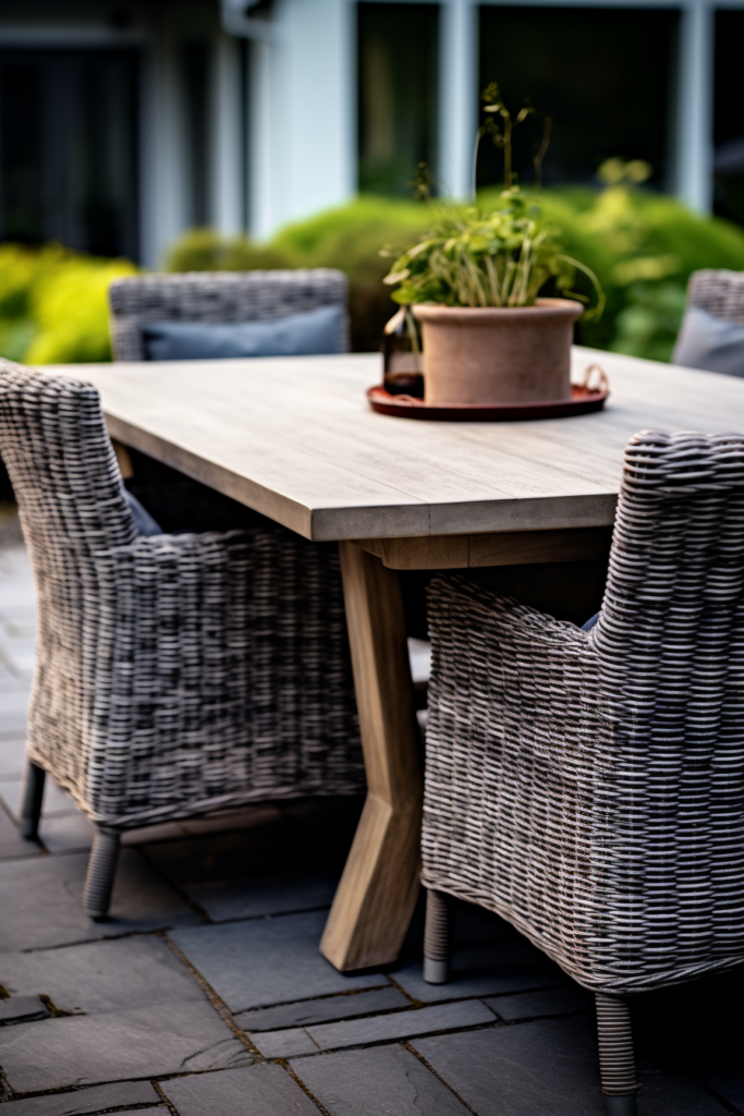 A stylish outdoor dining table with wicker chairs.