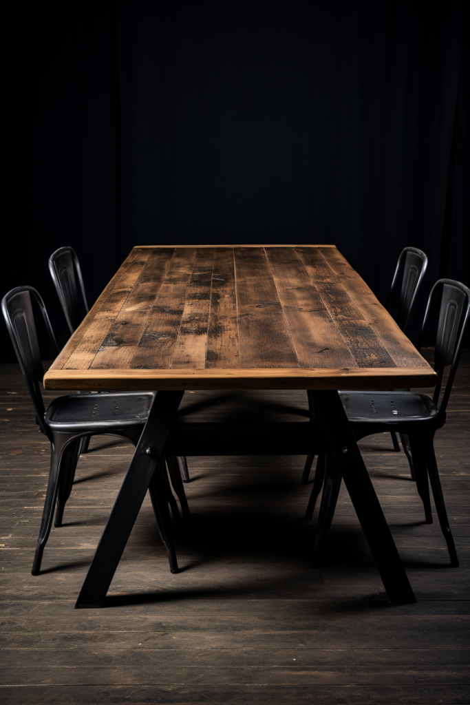 A stylish rectangular dining table with four black chairs.