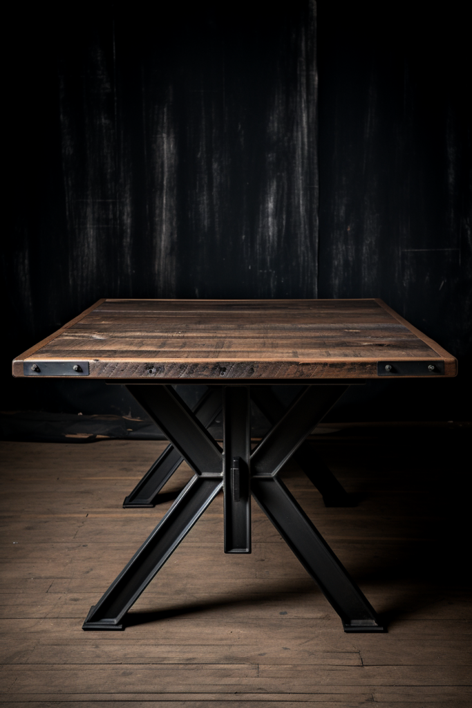 A stylish rectangular dining table with metal legs in a contemporary dark room.