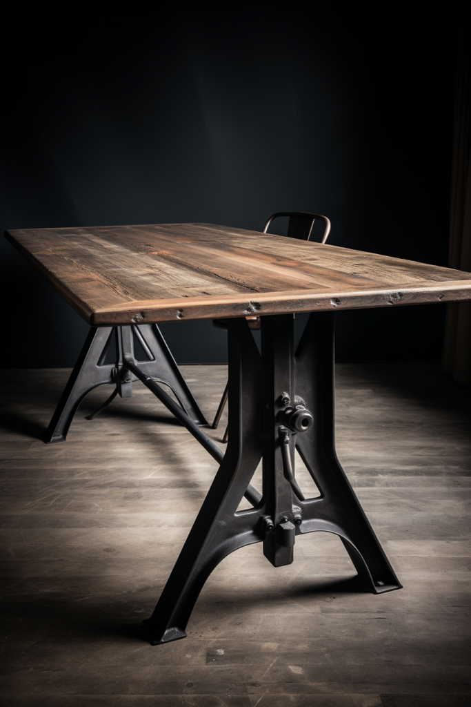 A stylish rectangular dining table with a metal base in a dark room.