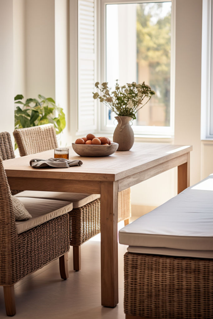 A trendy wicker dining table in a contemporary room with a window.